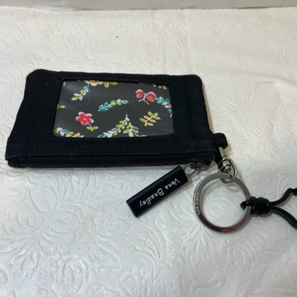 Very Bradley Black Canvas Floral Zip ID Wallet Change Purse w/Clasps - Picture 2 of 10